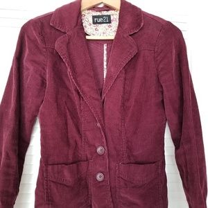 Burgundy blazer jacket.